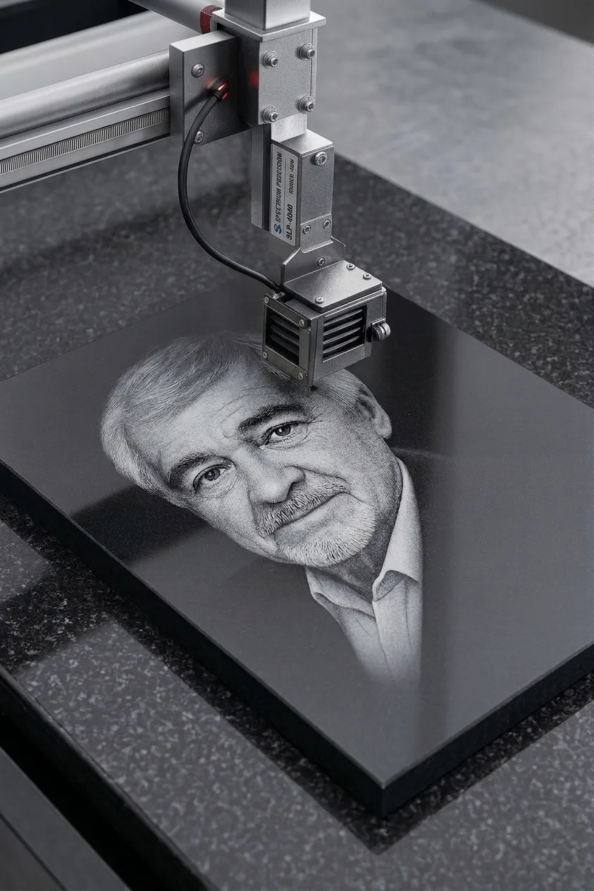 Máquina gravando um retrato em baixo-relevo numa placa de granito preto